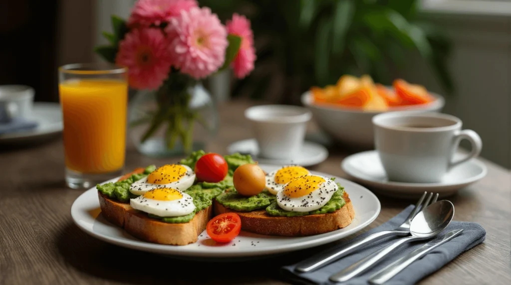 A breakfast table featuring avocado toast topped with mashed avocado, sunny-side-up eggs, and cherry tomatoes, accompanied by orange juice, coffee, and a bowl of fresh fruit.