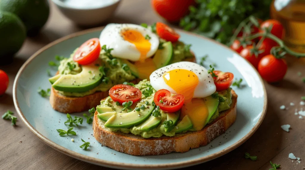 Two slices of avocado toast topped with mashed avocado, sliced avocado, cherry tomatoes, microgreens, and perfectly poached eggs with runny yolks on a ceramic plate.