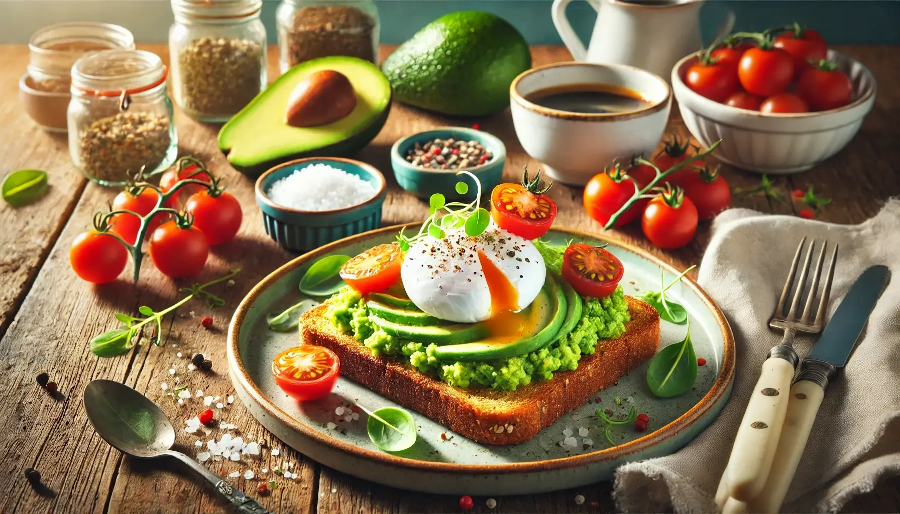 A vibrant plate of avocado toast topped with mashed avocado, sliced avocado, a perfectly poached egg, cherry tomatoes, microgreens, and a sprinkle of seasoning. Surrounded by fresh ingredients like cherry tomatoes, avocado, salt, pepper, and coffee on a rustic wooden table.