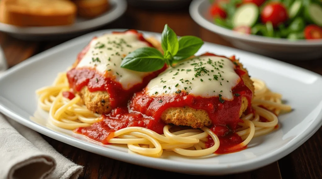 A plated serving of classic chicken Parmesan with spaghetti, topped with marinara sauce, melted mozzarella, and fresh basil, accompanied by salad and garlic bread.