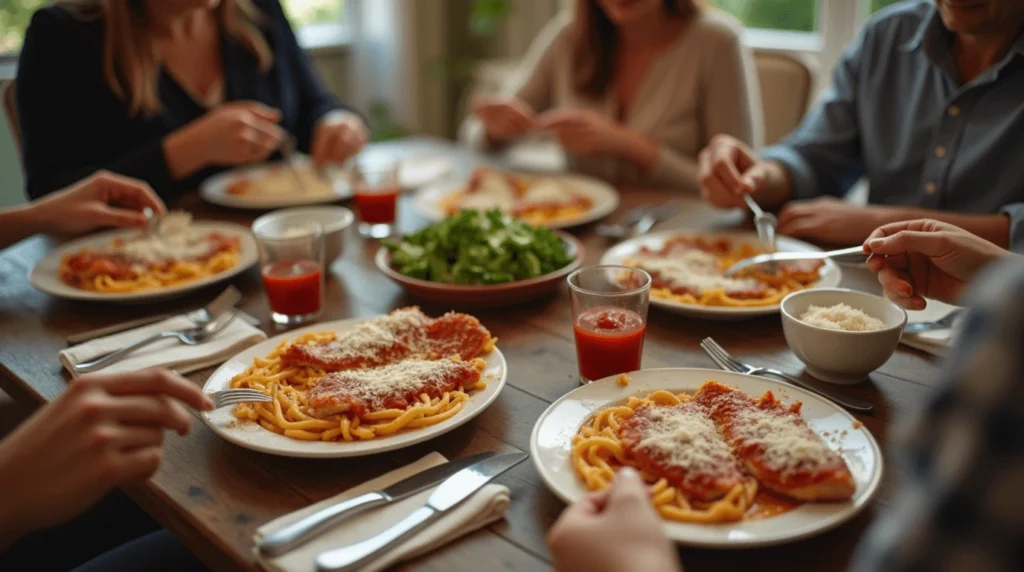 A group of people enjoying plates of classic chicken Parmesan with spaghetti