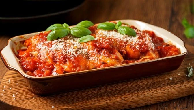 A baked dish of classic chicken Parmesan topped with marinara sauce, grated Parmesan cheese, and fresh basil, served in a ceramic casserole dish.