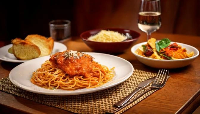 A plate of classic chicken Parmesan served over spaghetti with marinara sauce, accompanied by garlic bread, pasta salad, grated Parmesan