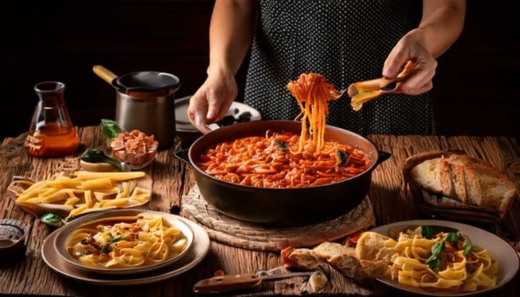 A person serving freshly made tagliatelle with Ragù alla Bolognese from a large pot, surrounded by plates of pasta, rustic bread, and fresh ingredients on a wooden table.