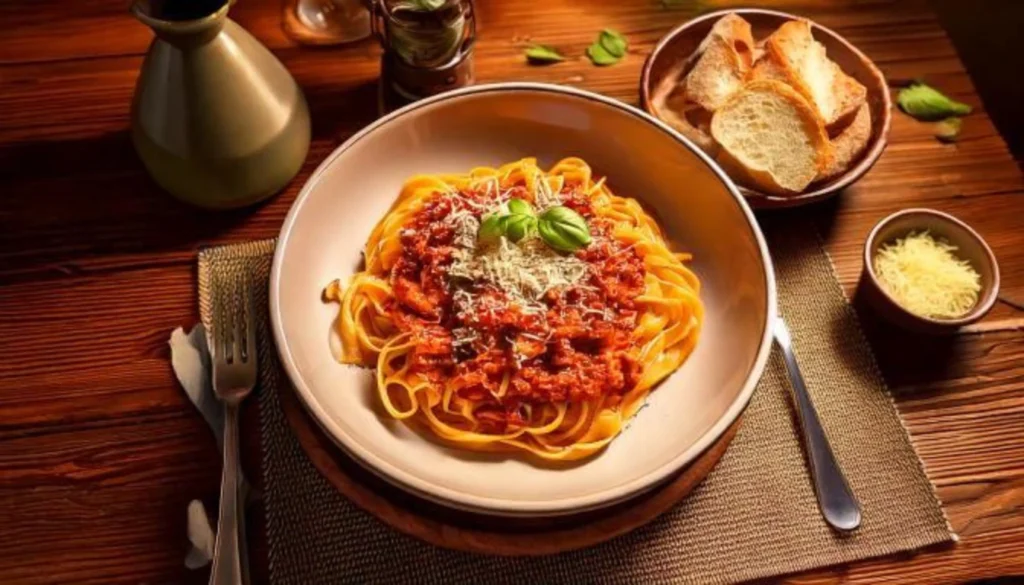 A plate of tagliatelle pasta topped with Ragù alla Bolognese, garnished with fresh basil and grated Parmesan, served with a side of crusty bread.