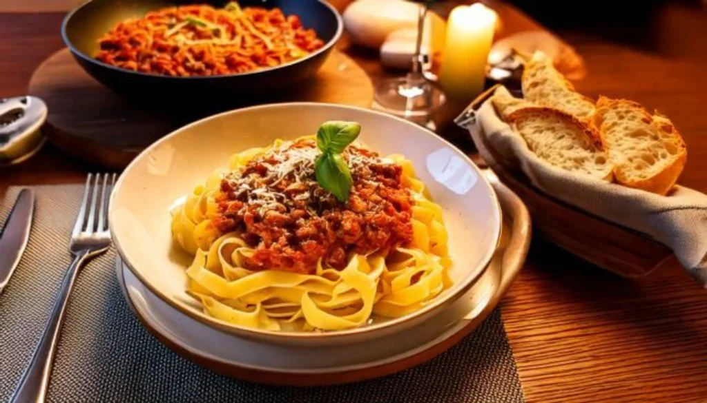 A plate of tagliatelle topped with Ragù alla Bolognese, garnished with fresh basil and Parmesan, accompanied by a basket of sliced bread and a cozy candlelit atmosphere.