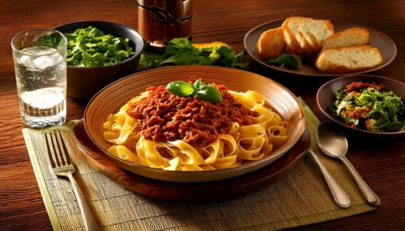 A plate of tagliatelle topped with Ragù alla Bolognese, garnished with fresh basil, surrounded by sides of salad, bread, and a glass of sparkling water.