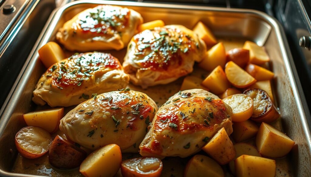 garlic parmesan chicken and potatoes in oven