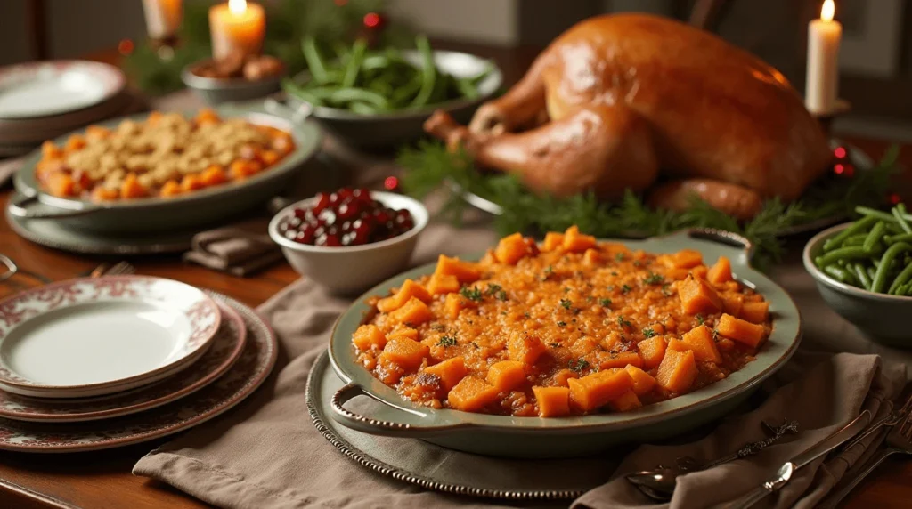 A festive holiday table featuring sweet potato casserole garnished with herbs, surrounded by roasted turkey, green beans, cranberry sauce, and candlelit decor.