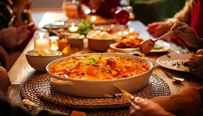 A warm holiday gathering featuring a sweet potato casserole in a white ceramic dish, surrounded by side dishes, candles, and festive table settings.
